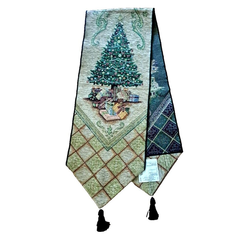 Christmas Elegance Table Runner Tree Festive Morris USA Made Tassels 13x72